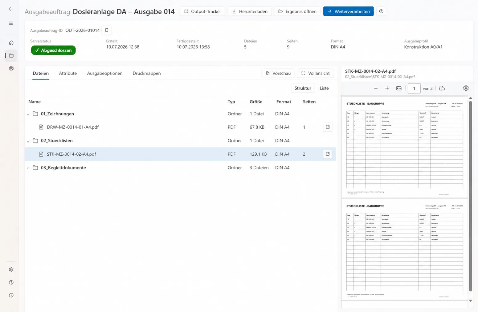 Aufbereitete Print-Manager-Ansicht mit Dokumentstruktur, PDF-Vorschau und Ausgabeoptionen